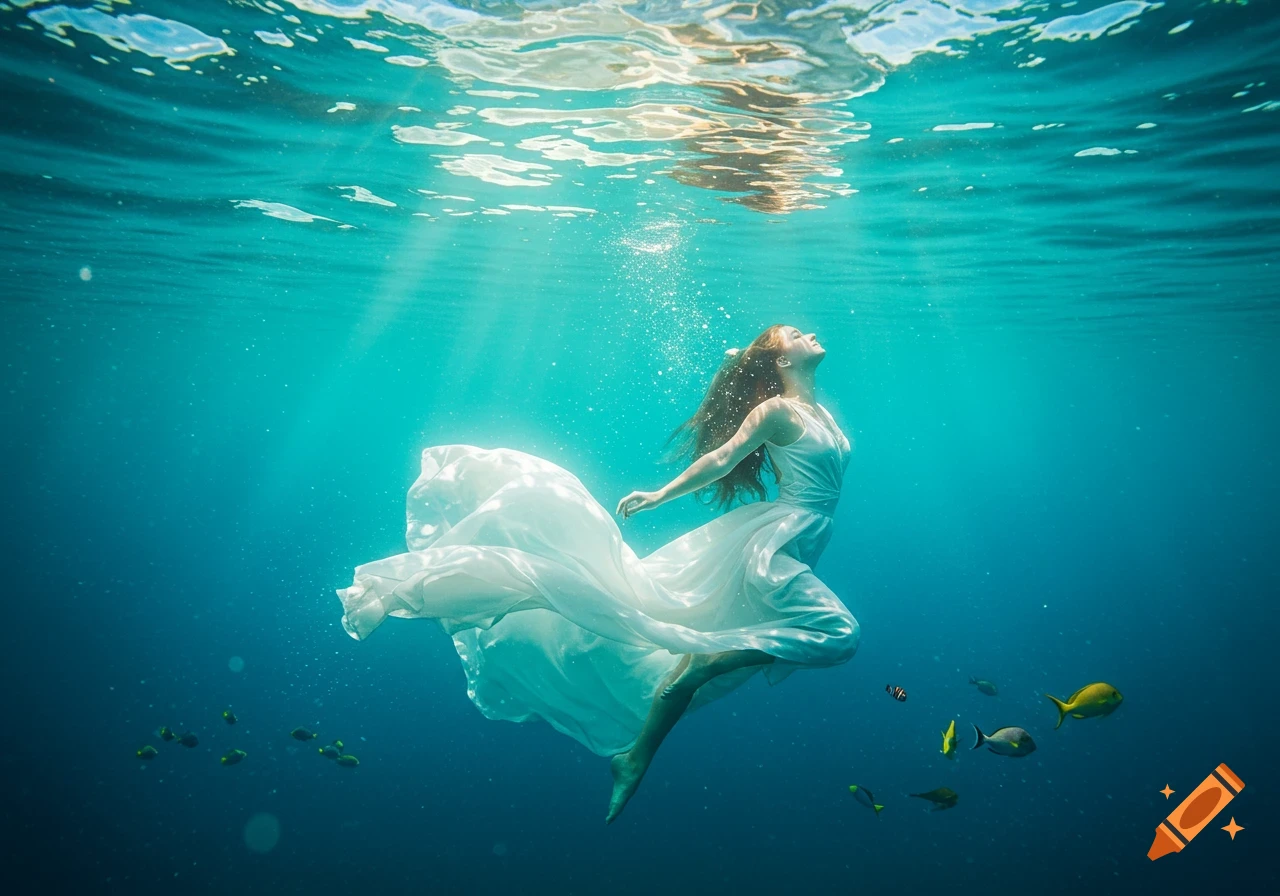A woman in a flowing white dress swims gracefully underwater with fish, illuminated by sunbeams.
