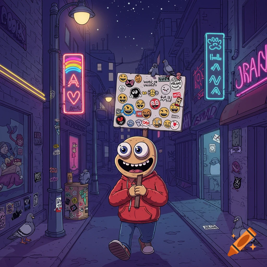 Cartoon character with big eyes, red hoodie, holding a sign with emojis, walks down a neon-lit street at night with pigeons.