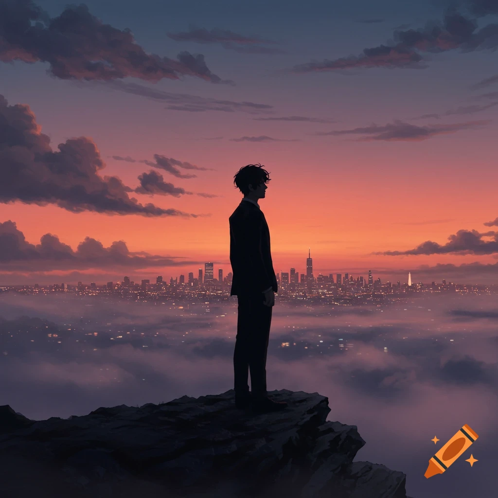 Silhouette of a person in a suit on a cliff overlooking a misty city skyline at sunset in an anime style.
