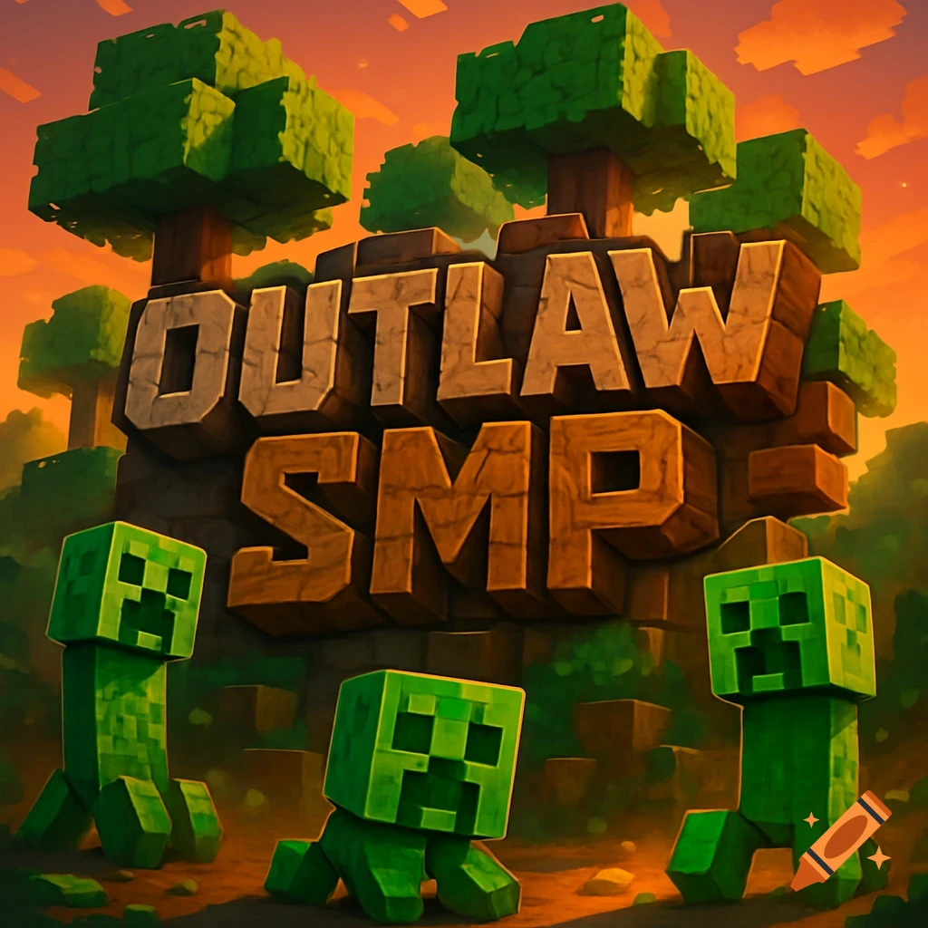 A Minecraft-style logo for 'OUTLAW SMP' featuring blocky trees and three green Creeper characters.