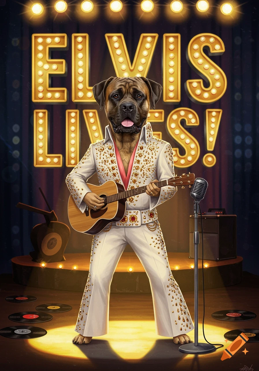 A cartoonish English Mastiff dog dressed as Elvis Presley, playing a guitar on a spotlighted stage with "ELVIS LIVES!" sign.