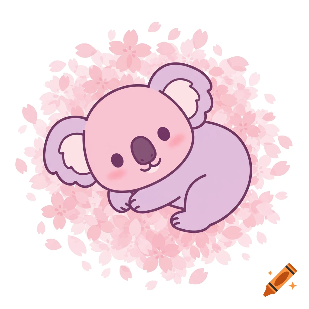Kawaii illustration of a pastel pink and purple koala smiling, surrounded by pink cherry blossom petals on a white background.