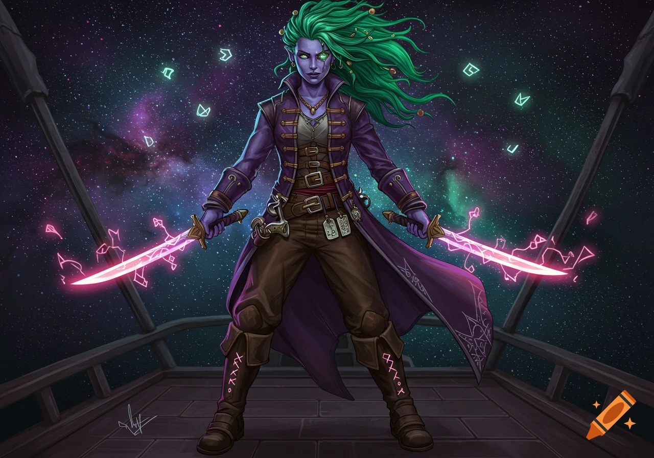 A purple-skinned female space pirate with wild green hair, wielding two glowing pink sabers on a spaceship deck with a starry cosmos background.
