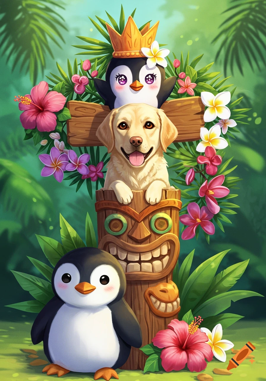 A cute anime-style tiki totem featuring a girl penguin, a golden Labrador, and a boy penguin, surrounded by tropical flowers.