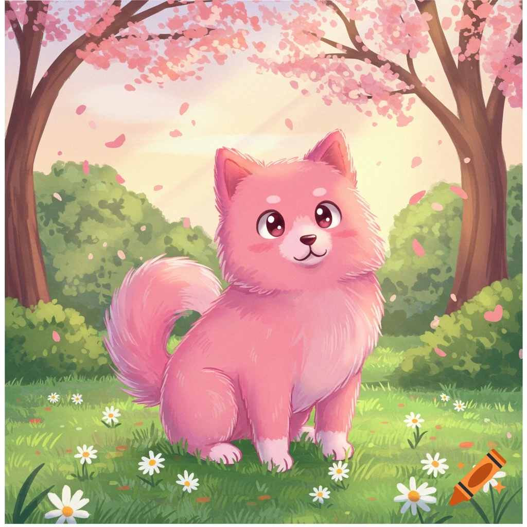 A cute pink cartoon dog with big eyes sits in a grassy field with white daisies, under cherry blossom trees with falling pink petals.
