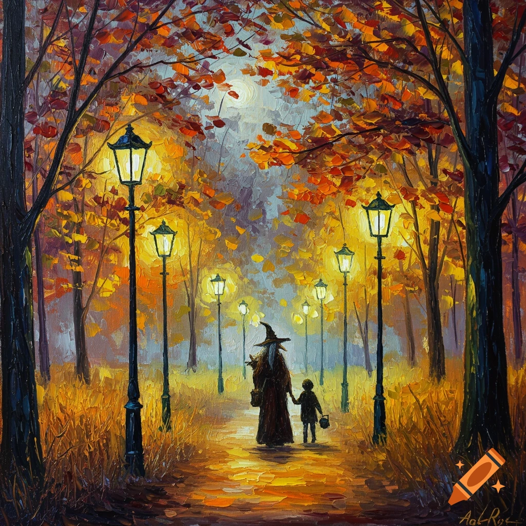 Oil painting of a witch and a child walking hand-in-hand down a lamp-lit path through an autumn forest.
