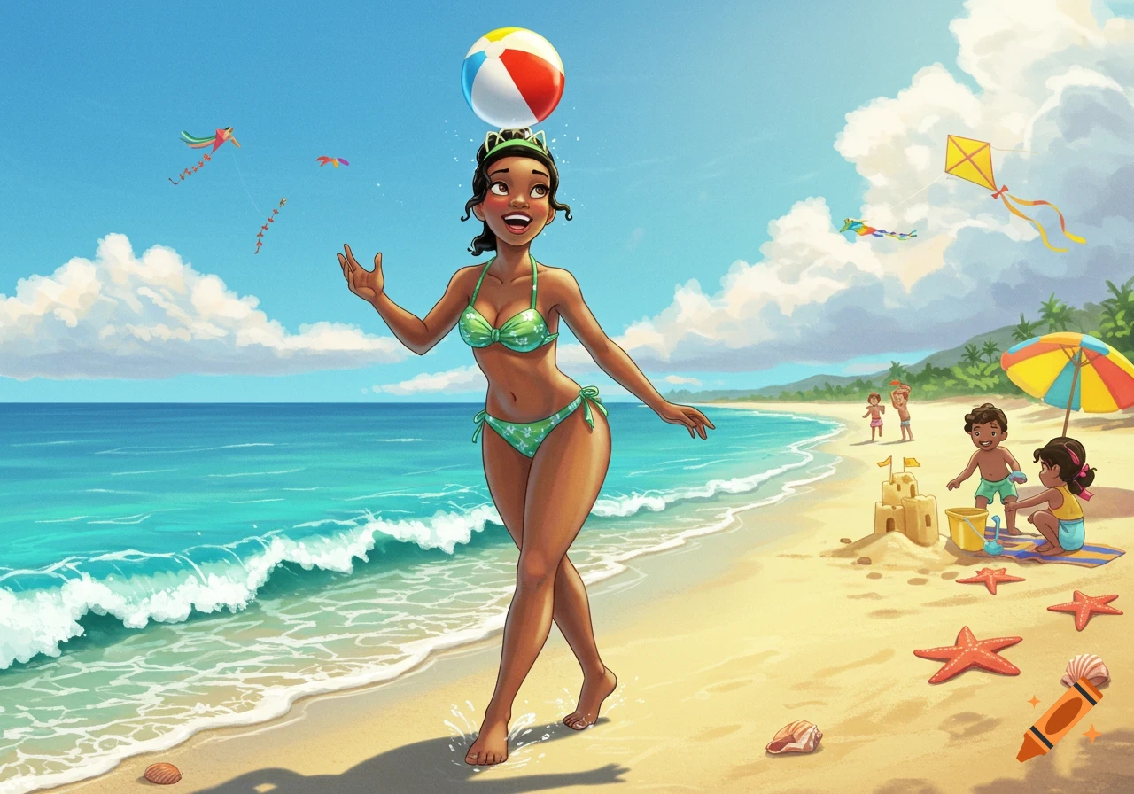 Cartoon Princess Tiana in a green bikini balances a beach ball on her head at a sunny beach where children play.