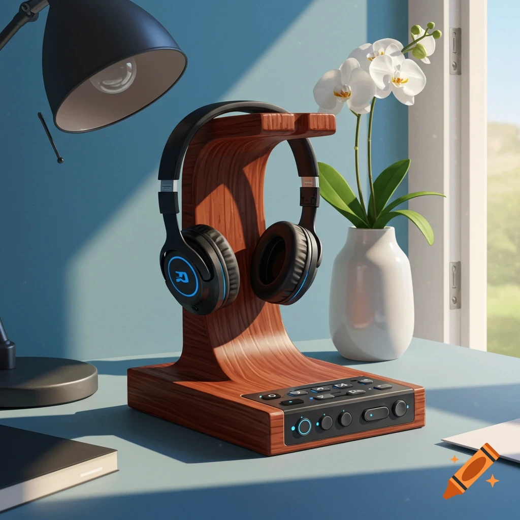 Photorealistic image of black headphones on a wooden controller stand, next to a lamp and an orchid plant on a desk by a window.