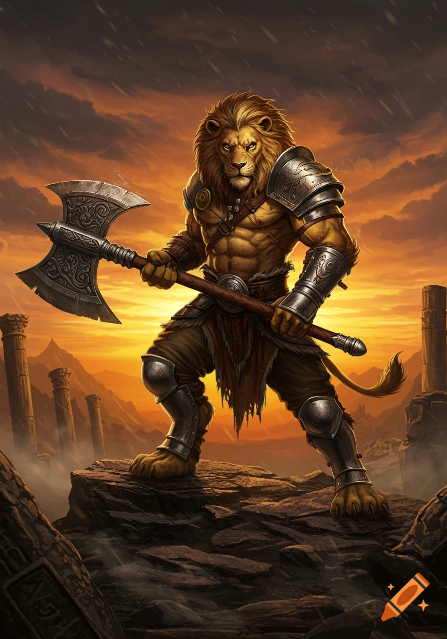 A powerful humanoid lion warrior in armor holds a battle axe, standing on rocks amidst ancient ruins under a dramatic stormy sunset sky.