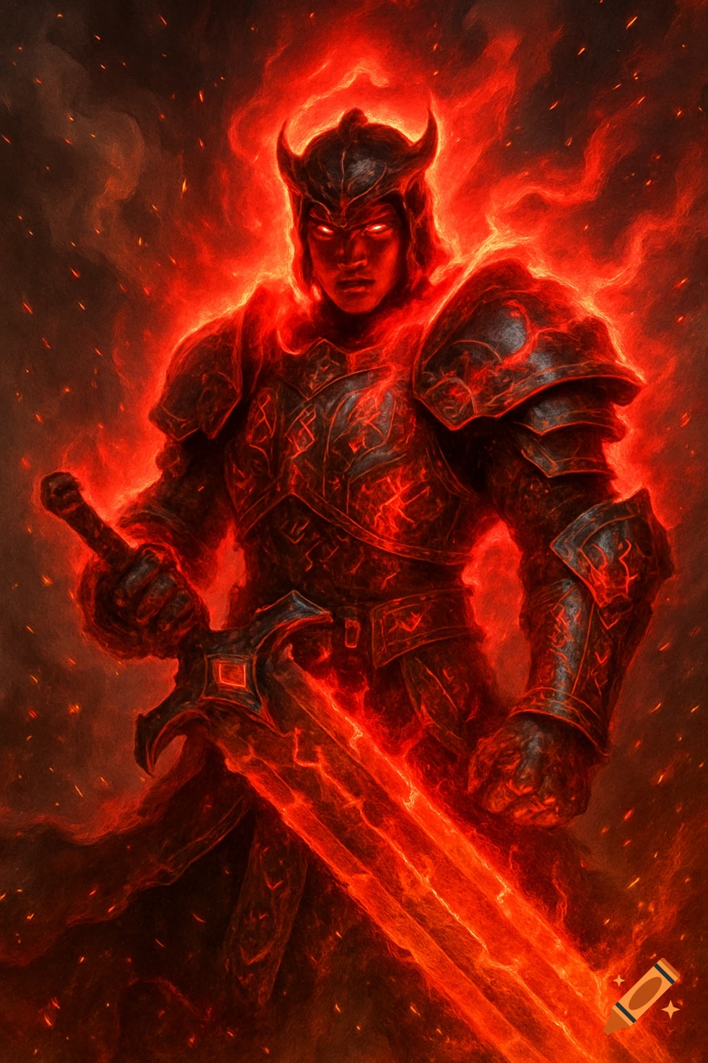 A fiery horned warrior in dark armor holds a glowing sword, surrounded by embers in a dark, red-lit fantasy scene.