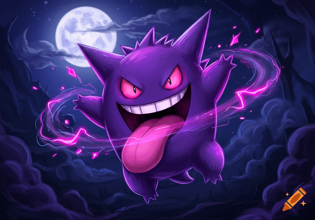 Purple Gengar grins with pink tongue out, surrounded by glowing energy, flying on a dark, stormy night under a full moon.