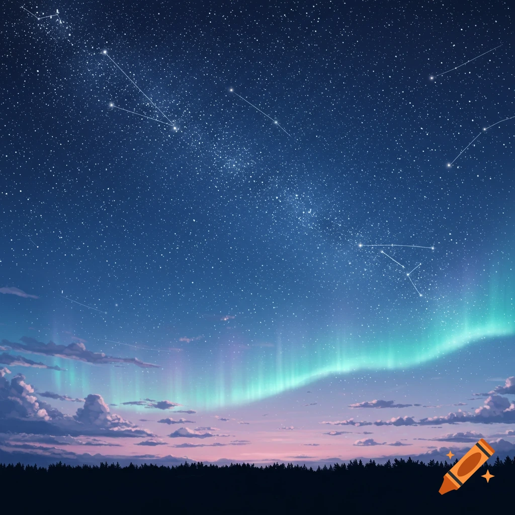 Vibrant night sky with a milky way of stars, constellations, and a glowing aurora borealis over a dark forest silhouette.