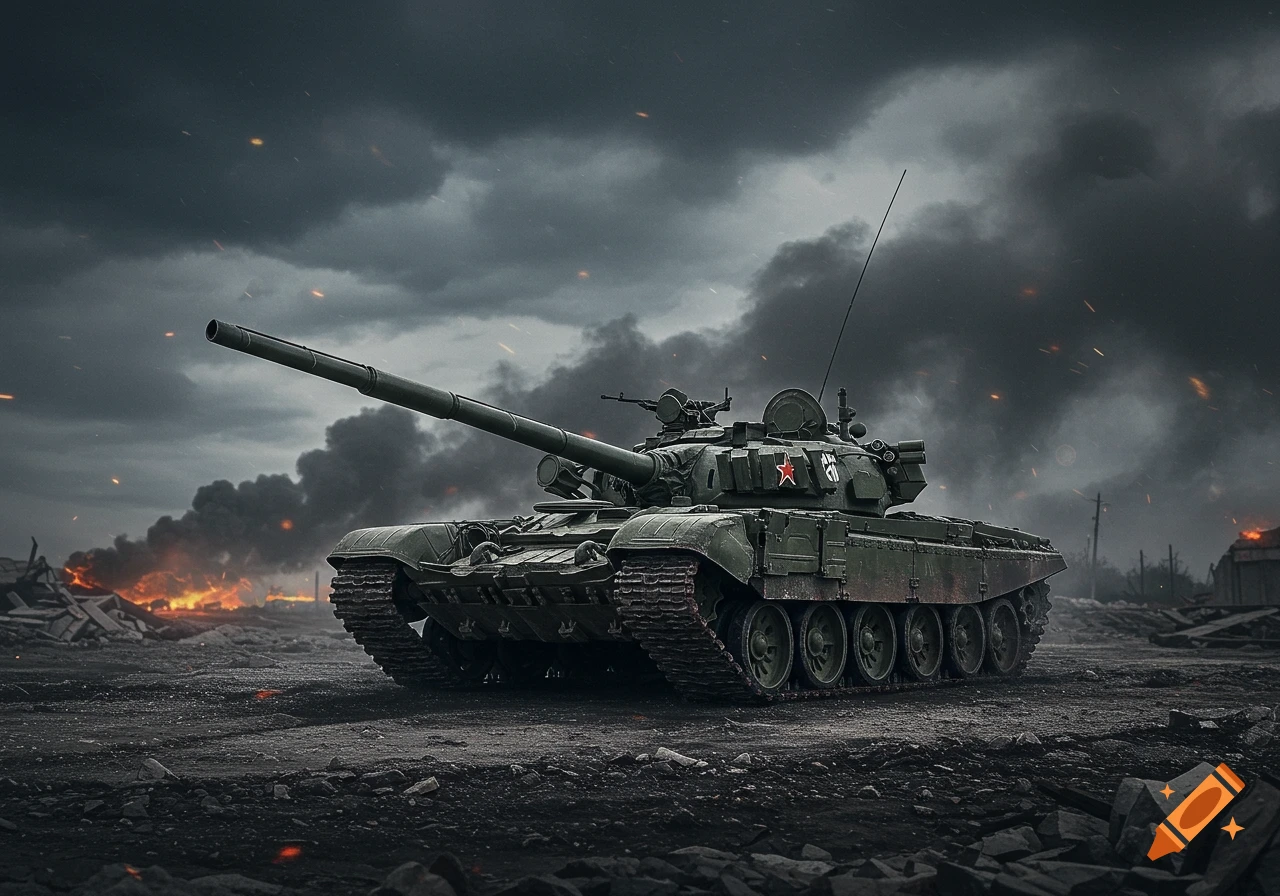A powerful T-72 tank stands amidst a desolate, smoke-filled warzone with fires blazing under a stormy sky, photorealistic.