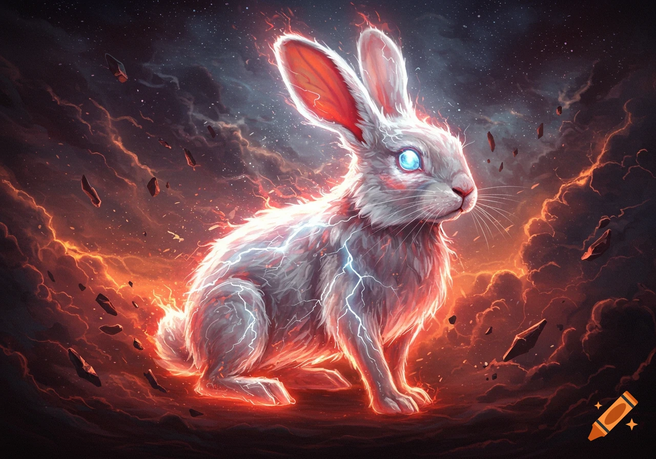 A powerful white bunny with glowing blue eyes and electric fur, against a fiery cloud and space background, fantasy art.