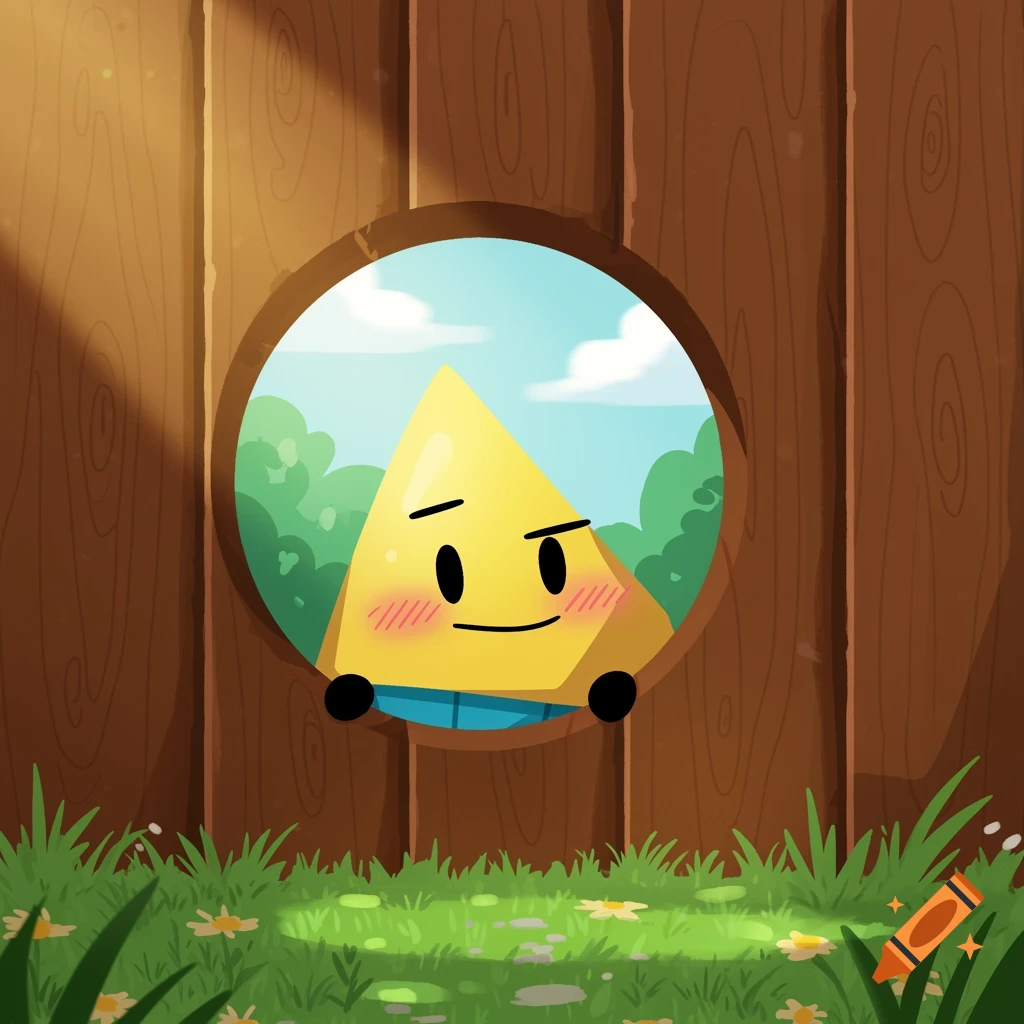A blushing yellow triangle cartoon character peeks through a round hole in a wooden fence, with green grass and trees in the background.