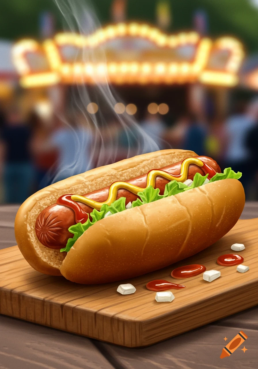 Stylized illustration of a steaming hot dog with ketchup, mustard, and lettuce in a bun on a wooden board, with a blurred carnival in the background.