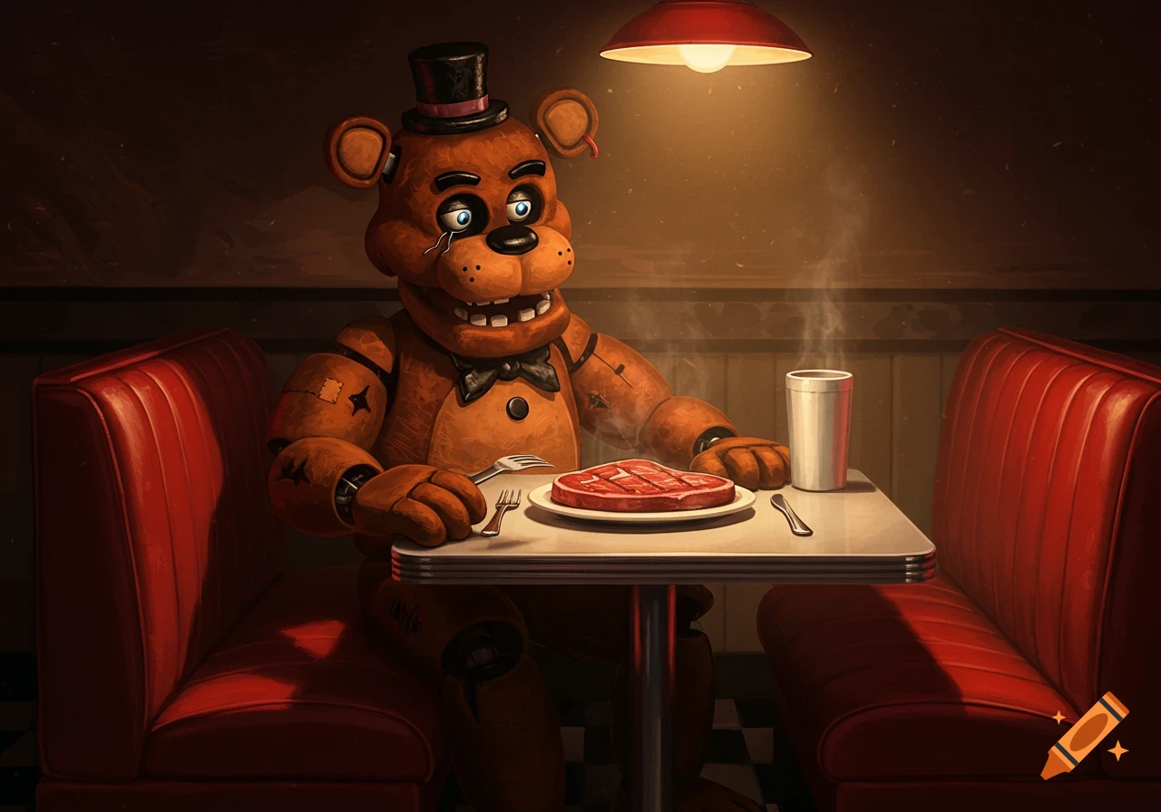 Freddy Fazbear, a brown animatronic bear in a top hat and bowtie, sits in a dark diner booth, eating a steak.