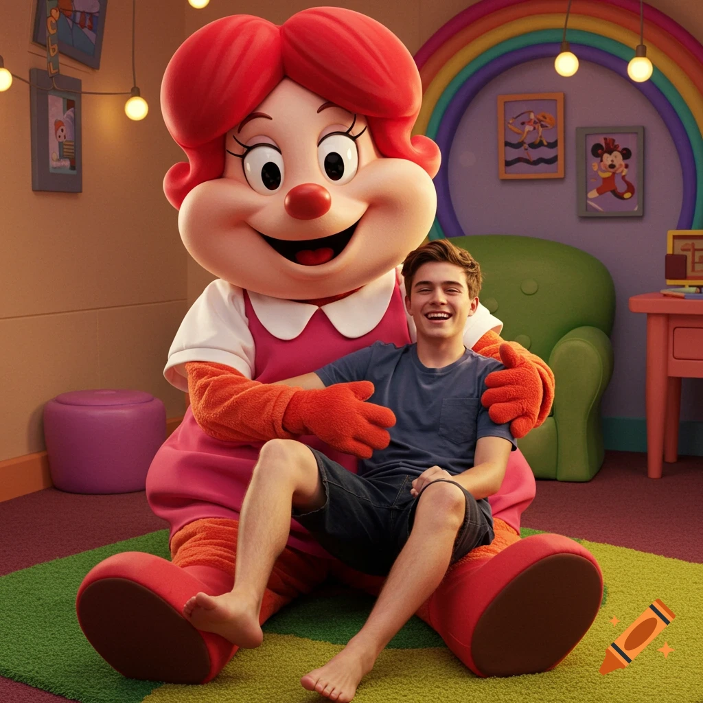 A smiling young man sits on the lap of a large, red-haired cartoon mascot, who hugs him in a bright, colorful room with a rainbow arch.