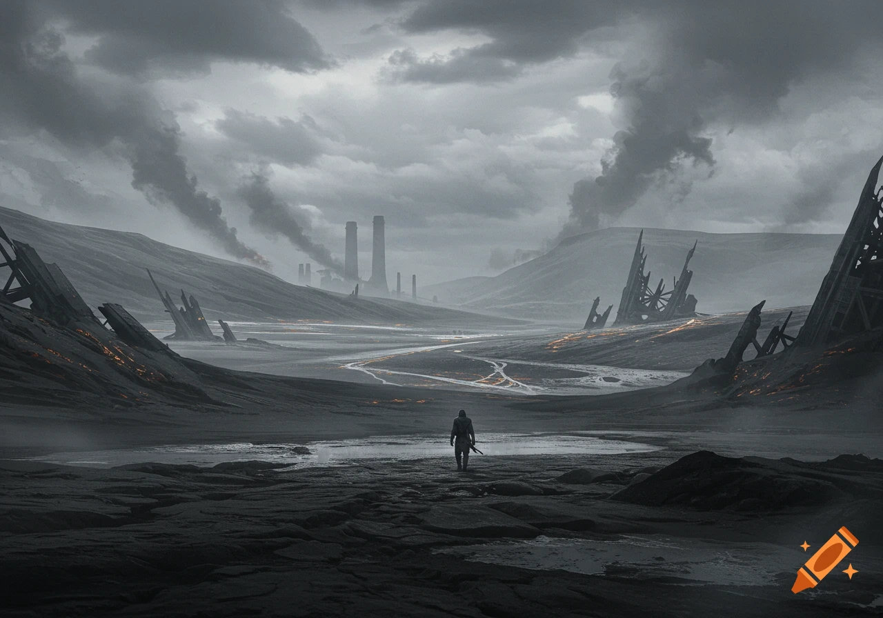 A lone figure traverses a desolate, ash-covered valley with industrial ruins and smoking chimneys under a grim sky.
