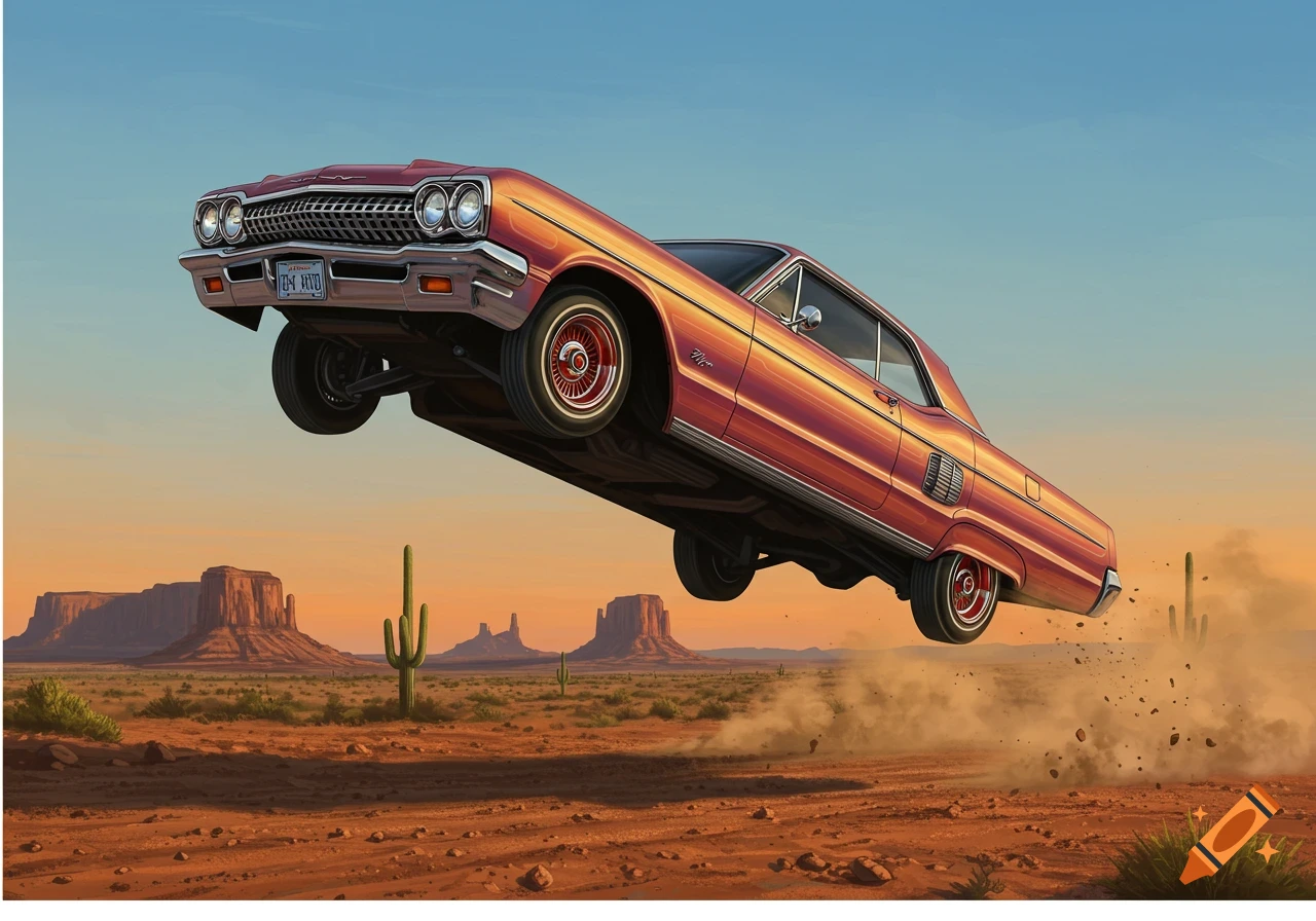 A classic red lowrider car jumps high over a dusty desert landscape with mesas and saguaro cacti under a clear blue sky.