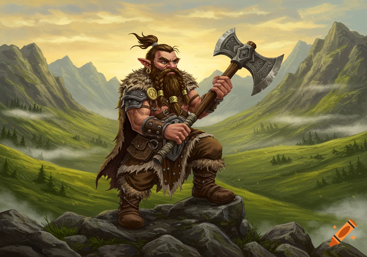 A fierce dwarf barbarian with a braided beard and fur armor stands on rocks, holding a large double-bladed axe in a mountain landscape at sunset.