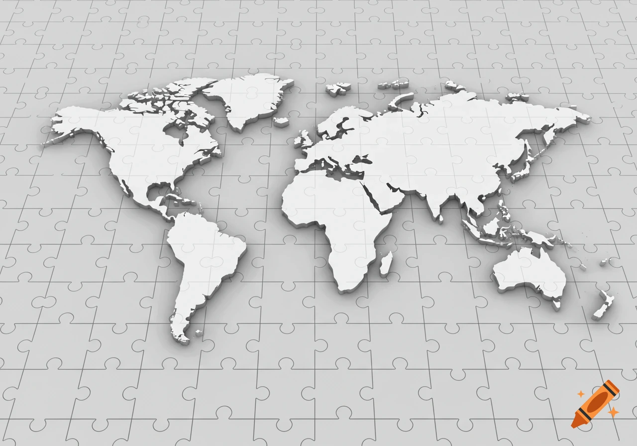 3D white world map of continents on a gray puzzle piece background.