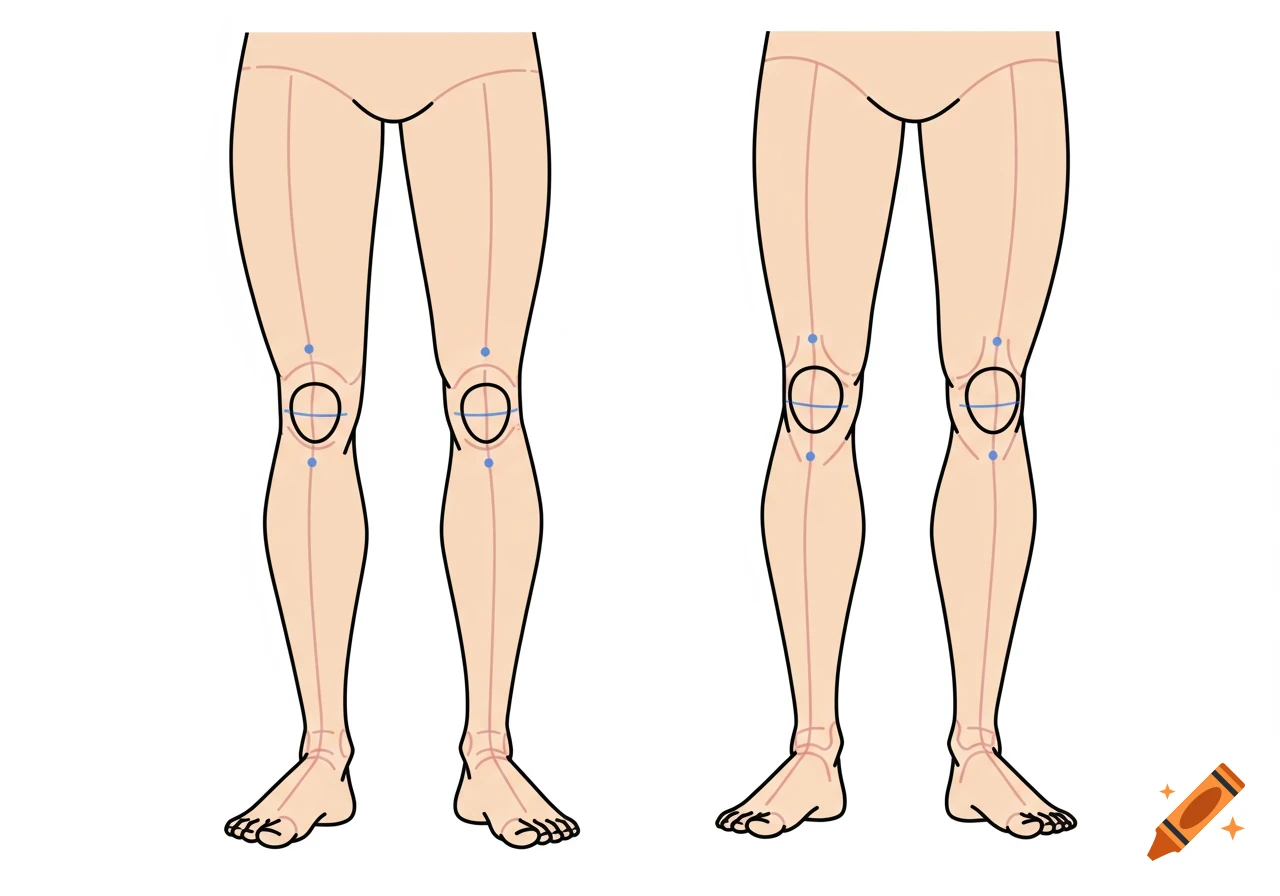 A flat vector style cartoon diagram showing two pairs of human legs with knee and ankle joints marked for animation rigging.