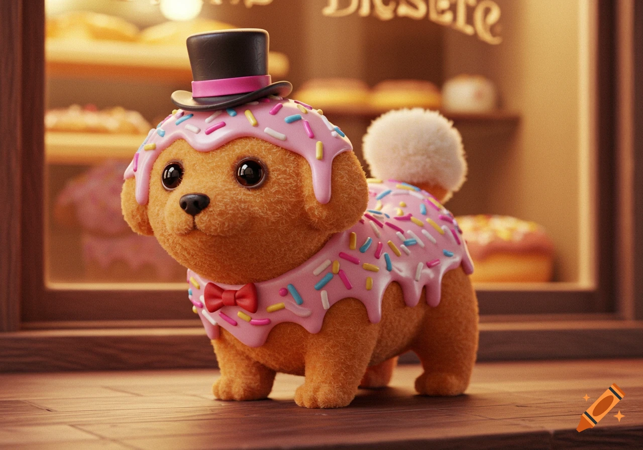 A cute fluffy brown donut dog wearing a pink glazed top with colorful sprinkles, a black top hat, and a red bow tie stands in a bakery.