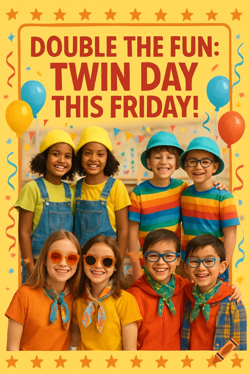 A colorful flyer with six smiling children dressed as 'twins' for 'Twin Day', featuring text 'DOUBLE THE FUN: TWIN DAY THIS FRIDAY!'
