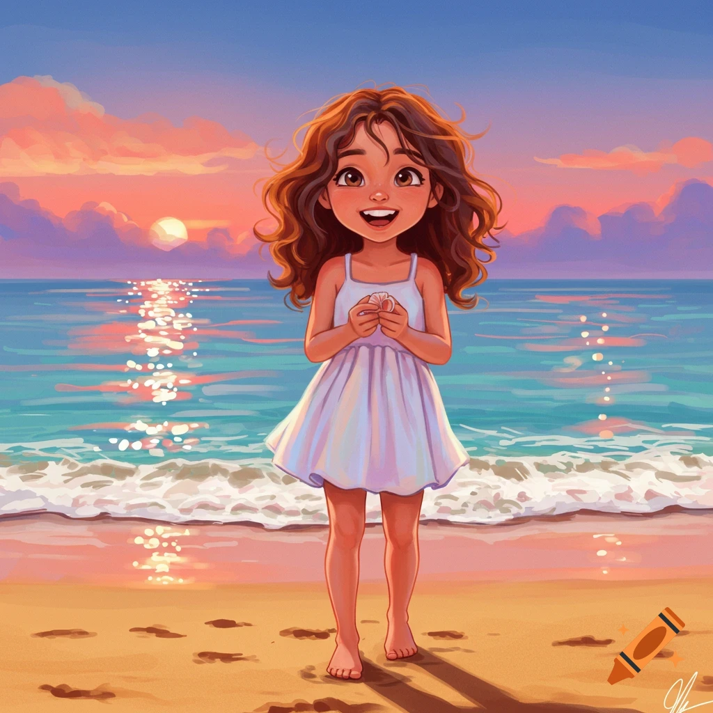 A cute cartoon girl with brown curly hair stands on a beach at sunset, holding a seashell. The sky is orange and pink.