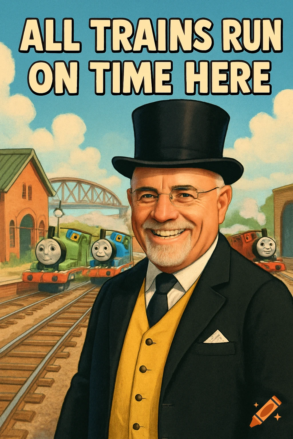 A smiling man resembling Dave Ramsey as Sir Topham Hatt stands before cartoon trains and tracks with the caption 'ALL TRAINS RUN ON TIME HERE'.
