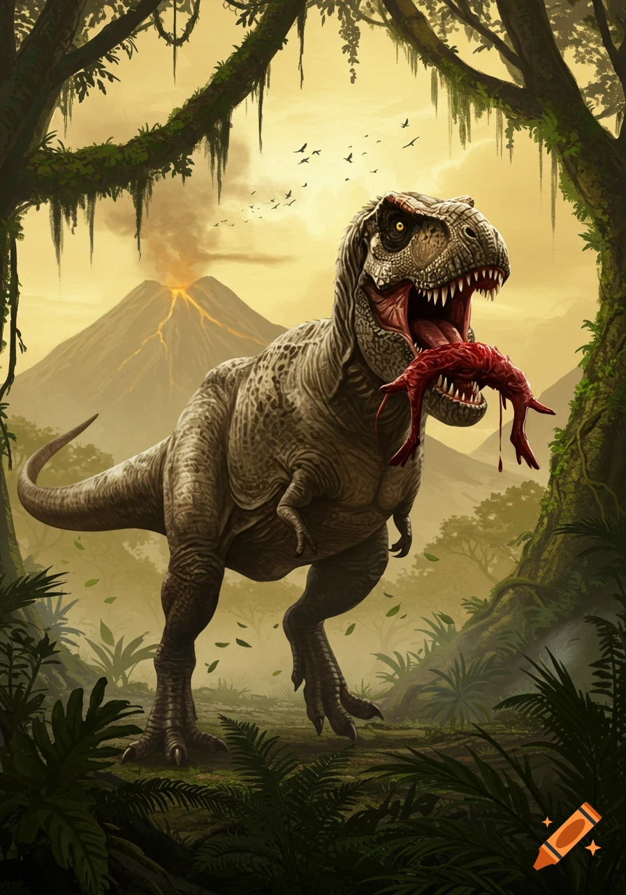 A detailed illustration of a T-Rex eating a bloody carcass in a lush jungle with an erupting volcano.
