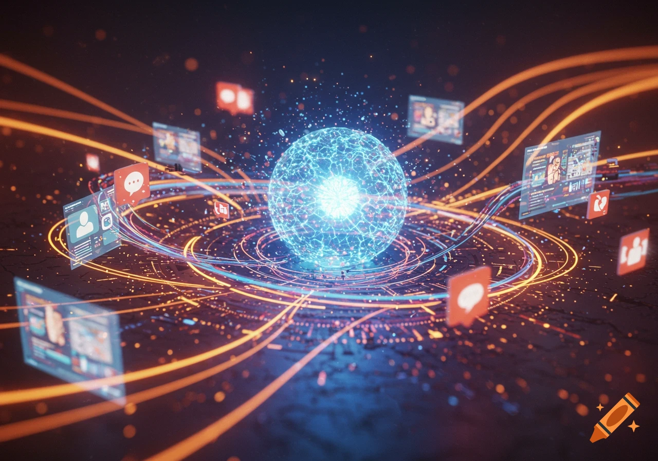 Abstract digital art of a glowing blue sphere with data streams, social media icons, and floating screens on a dark background.