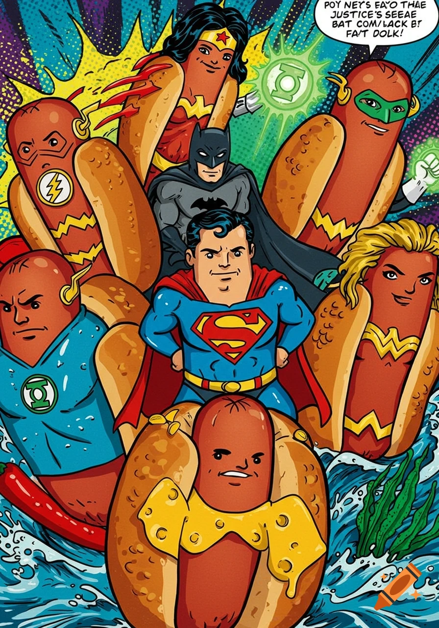 Cartoon of Justice League superheroes as hot dogs, including Superman, Batman, Wonder Woman, Flash, Green Lantern, and Aquaman.