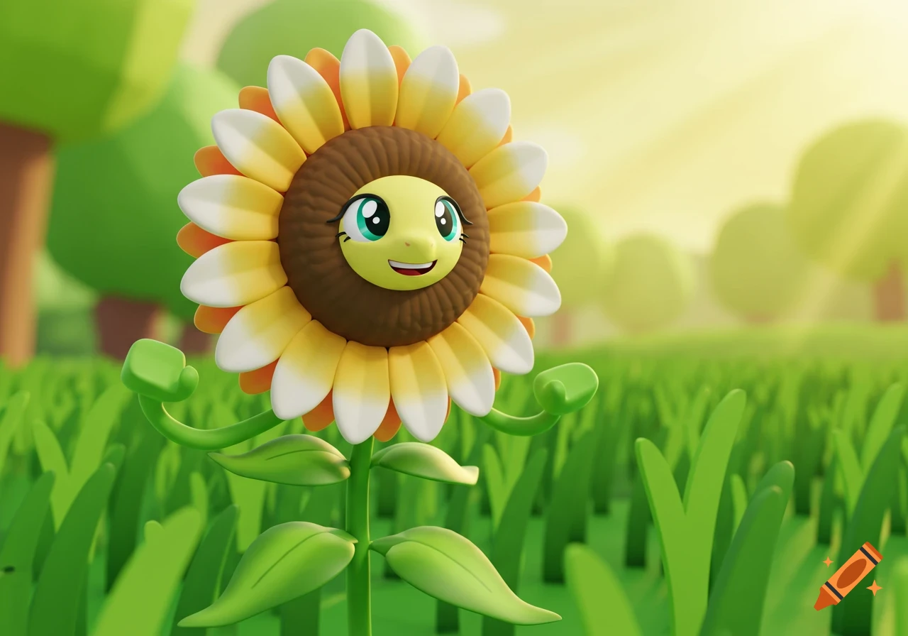A cheerful, animated sunflower character with a smiling face and arms stands in a bright green field.