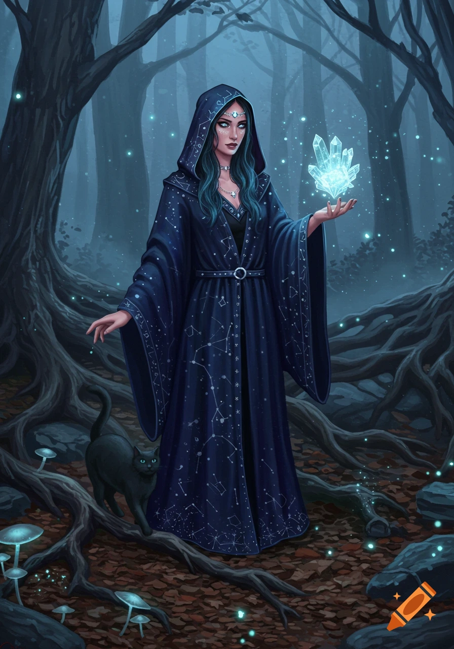 A witch in a hooded, constellation-patterned robe holds a glowing crystal in a mystical forest with a black cat.