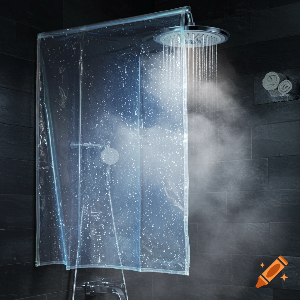 A photorealistic shower with a clear plastic curtain, running water, and steam in a dark tiled bathroom.