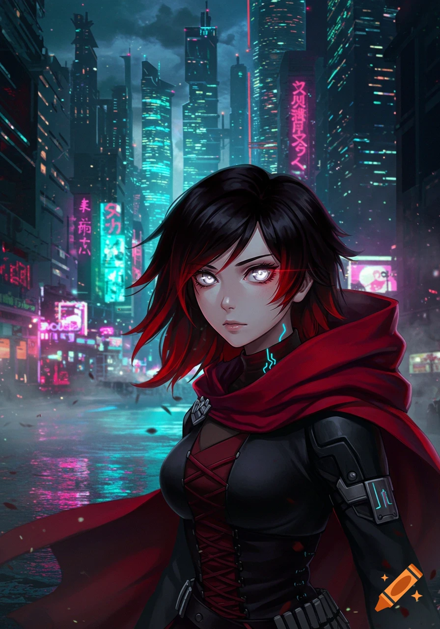 Anime character Ruby with black and red hair, glowing white eyes, and red cloak stands in a neon-lit cyberpunk city at night.