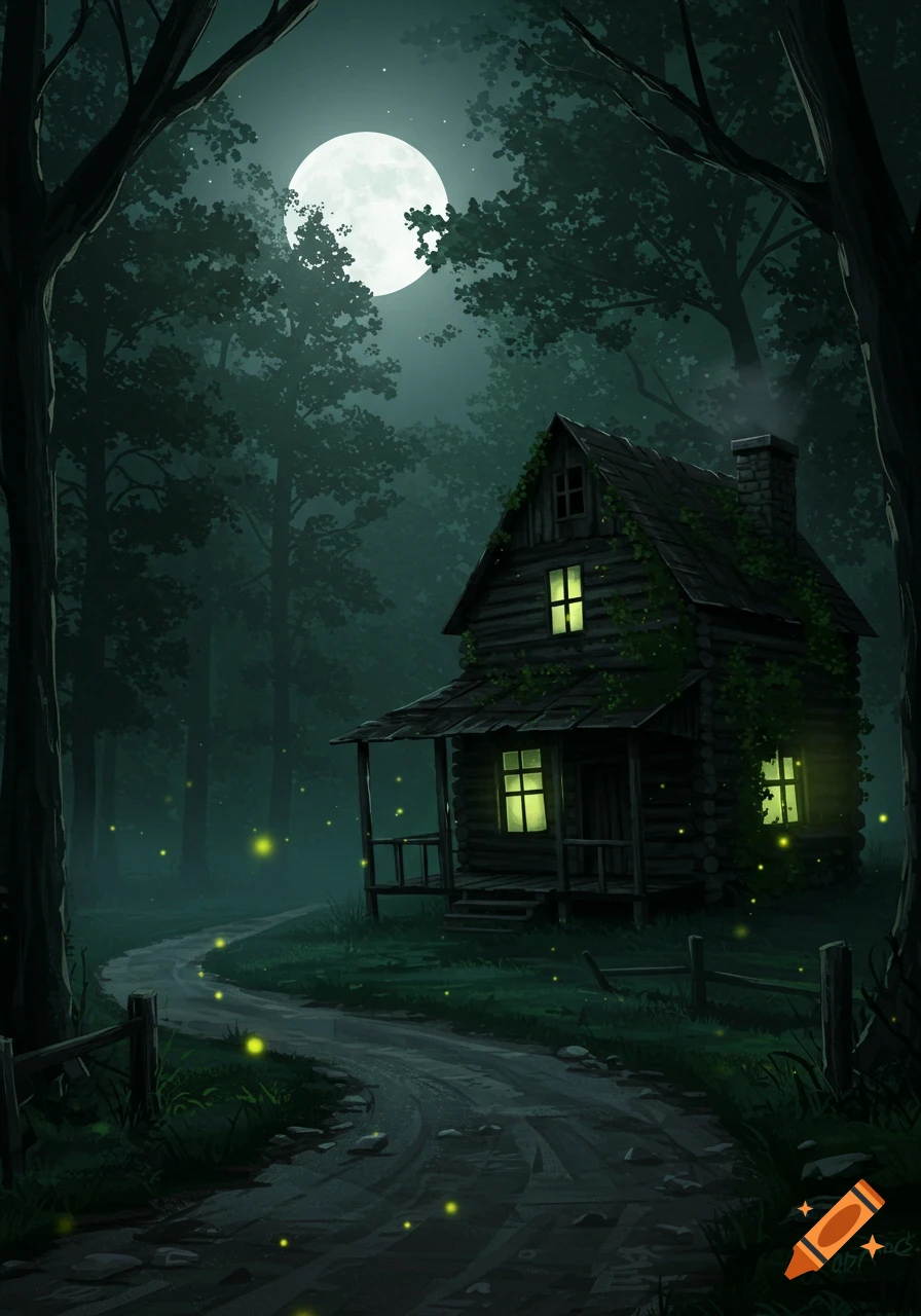 An eerie, dark illustration of a wooden cabin with glowing windows in a moonlit forest with fireflies, a winding path leads to it.