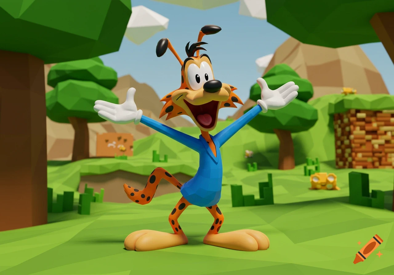 Bonkers D. Bobcat in a low-poly 3D video game style, standing in a green landscape with arms outstretched.