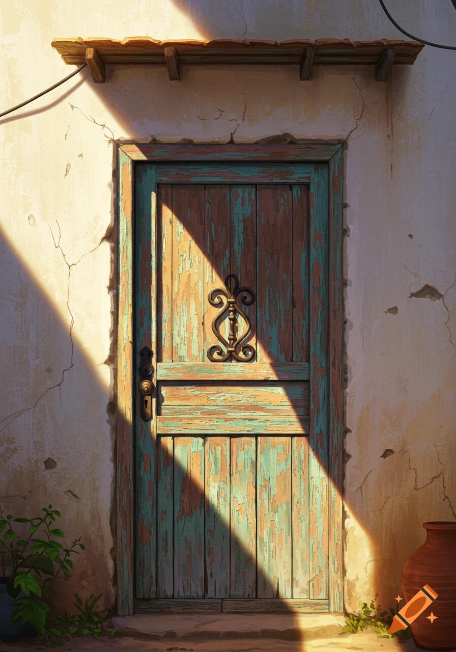 Sun-drenched weathered wooden door with peeling blue-green paint and an ornate knocker, set in a cracked off-white wall. Realistic illustration.