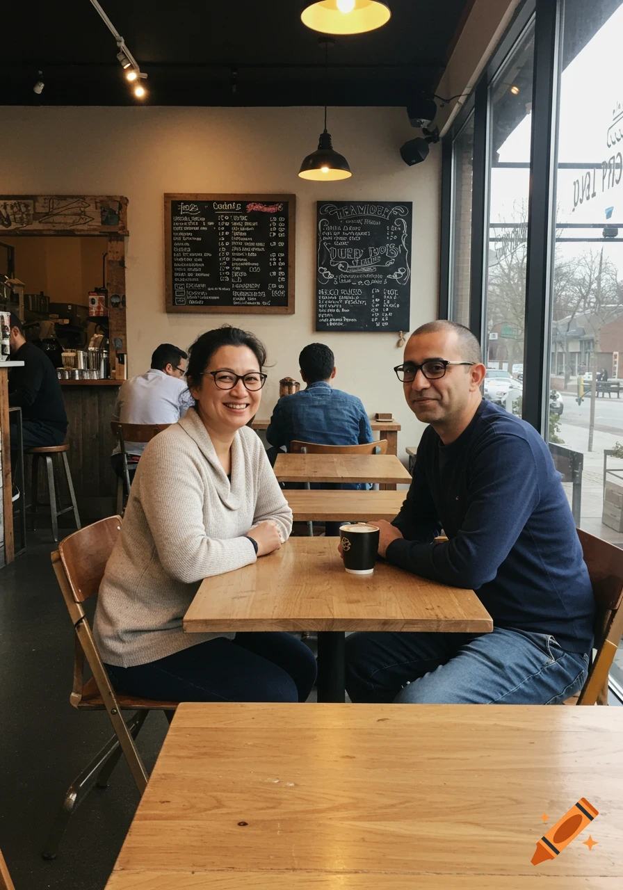 A man and a woman in glasses sit smiling at a wooden table in a coffee shop, with menus on chalkboards in the background.