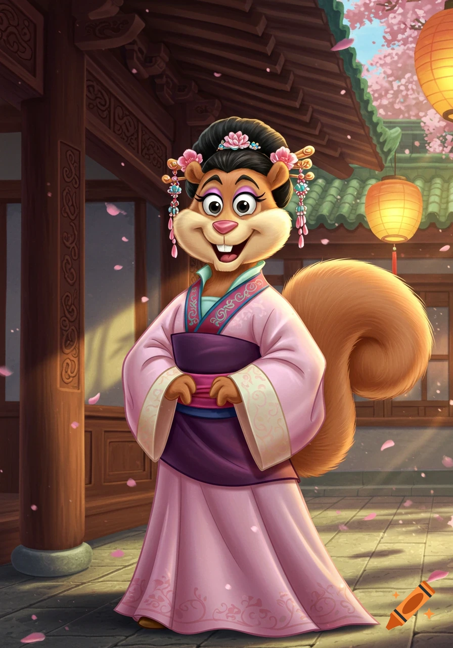 Cartoon illustration of Sandy Cheeks in a pink and purple traditional Chinese dress with elaborate hair, standing amidst cherry blossoms and lanterns.