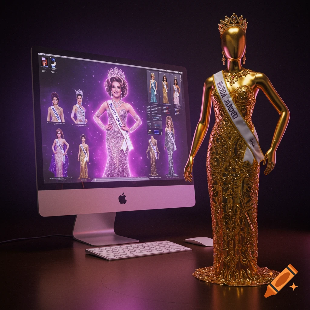 A golden mannequin in an ornate gown with a sash stands next to an iMac displaying several pageant contestants in sparkling dresses.