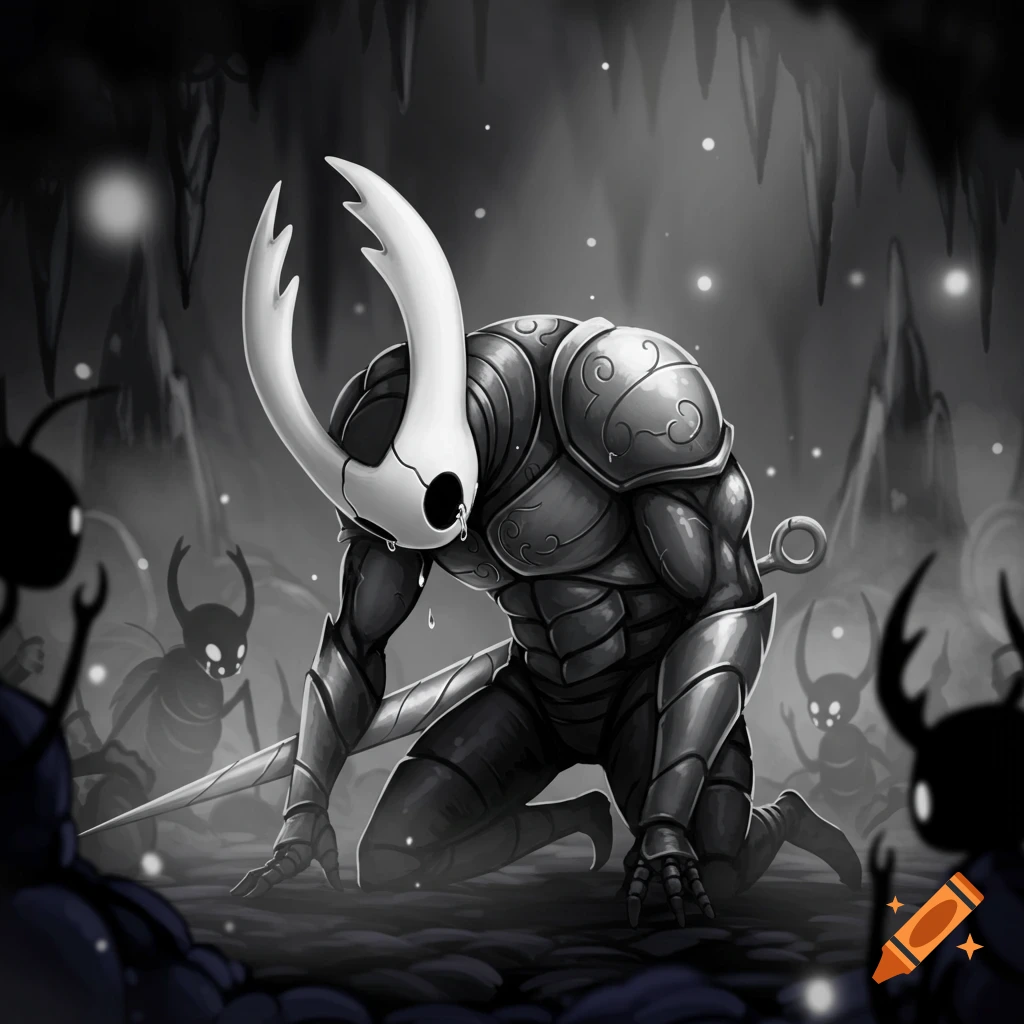A muscular, white-masked Hollow Knight character kneels in a cave, crying, surrounded by smaller bug monsters in a monochrome illustration.