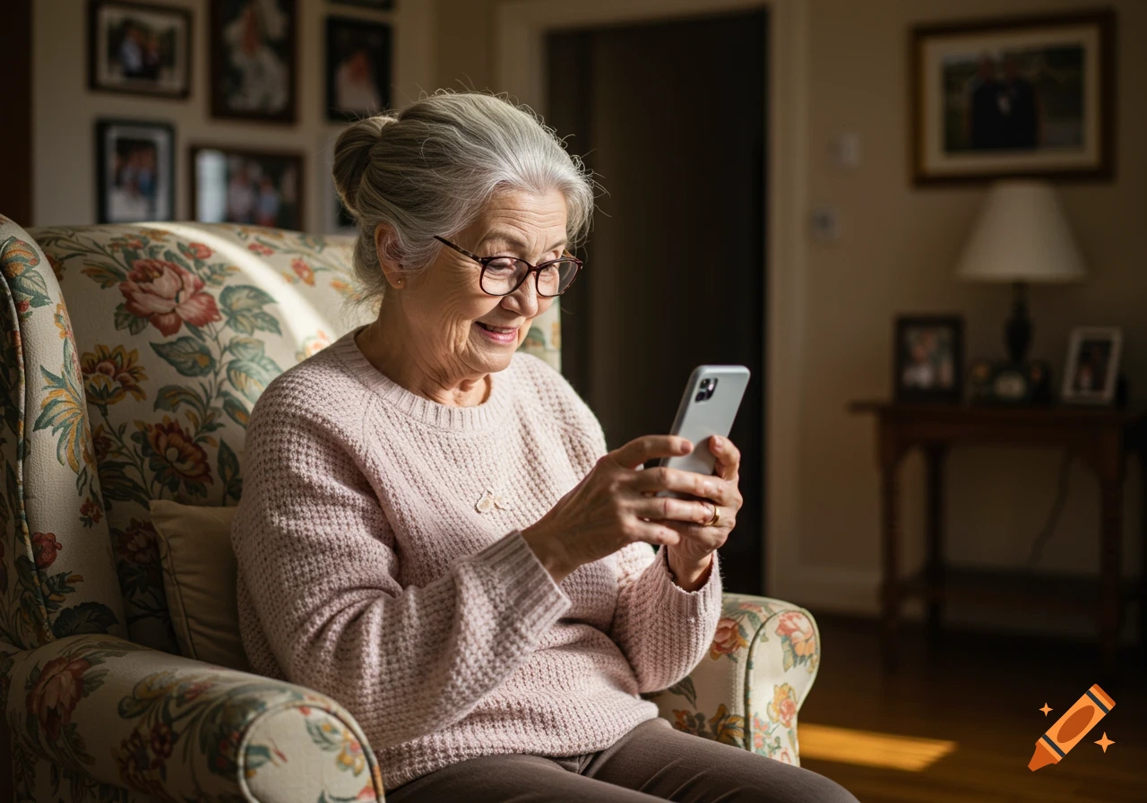 A smiling elderly woman with grey hair and glasses sits in a floral armchair, looking at her smartphone in a cozy living room.
