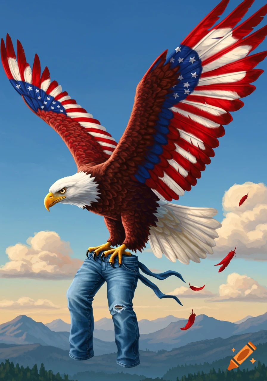 A majestic bald eagle with American flag wings holds blue jeans in its talons, flying over mountains with red feathers falling.