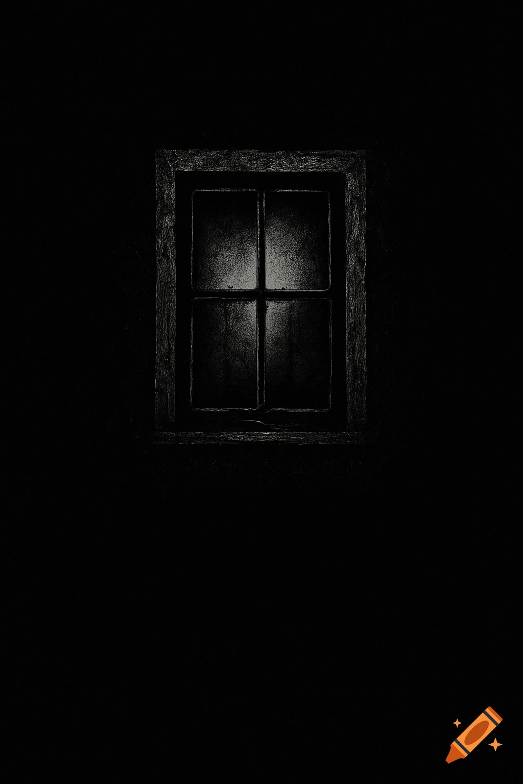 Minimalist dark window with a grainy texture and faint light, surrounded by black space.