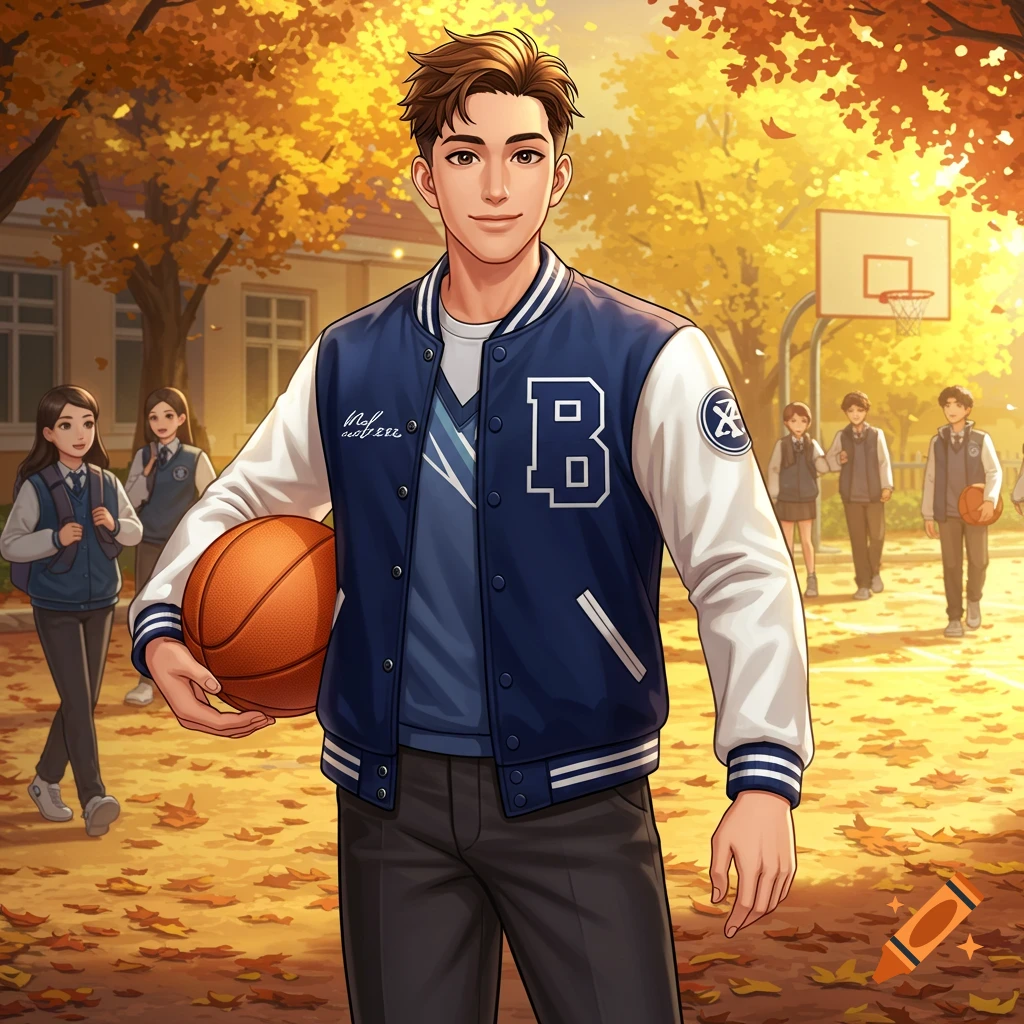 An anime high school boy in a varsity jacket holds a basketball in an autumn schoolyard.
