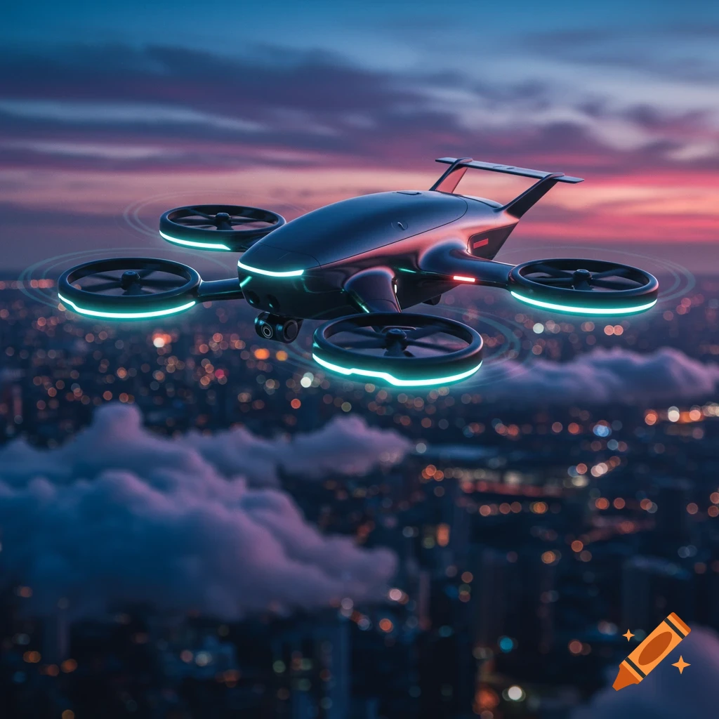 A sleek, futuristic drone with glowing teal lights flies above a vibrant city skyline at dusk, with clouds below.
